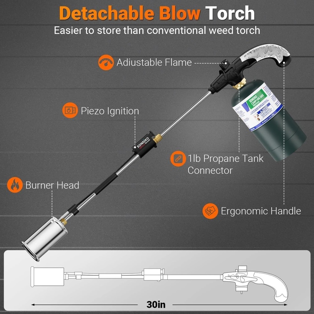 High Output Weed Burner - Detachable Long Arm Torch-