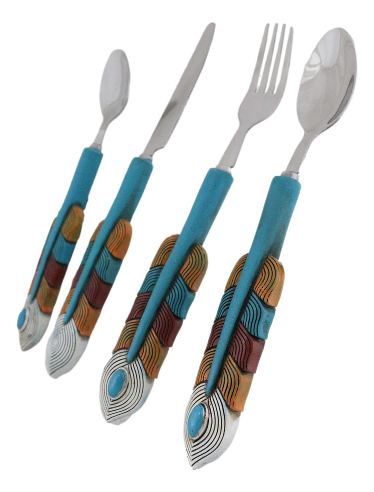 Southwest Chic Indian Turquoise Feather Flatware 1 Spoon Teaspoon Fork Knife Set