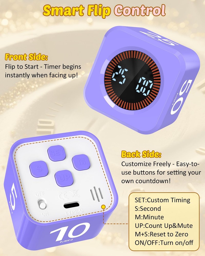 Digital Pomodoro Timer Cube 5/10/25/50min, Visual Productivity Flip Timer for...