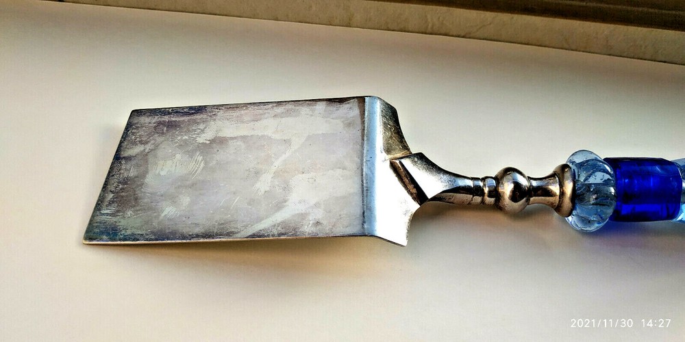 Antique Pie/Cake Server with Hand Made Glass Handle, Silver plated, 12", Heavy