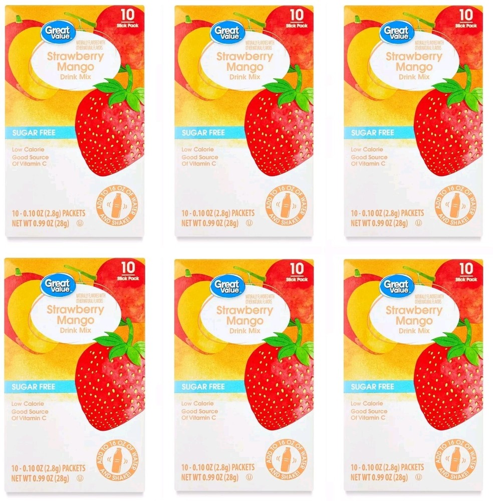 6 BOXES - Great Value Strawberry Mango Drink Mix Sugar FREE - 60 PACKETS