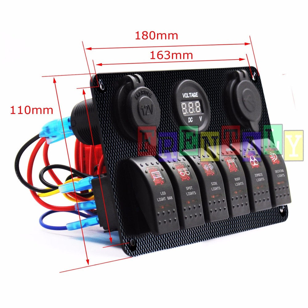 Red#1 CF 6 Gang Car Rocker Switch Panel USB Socket Power Plug Voltmeter Charger