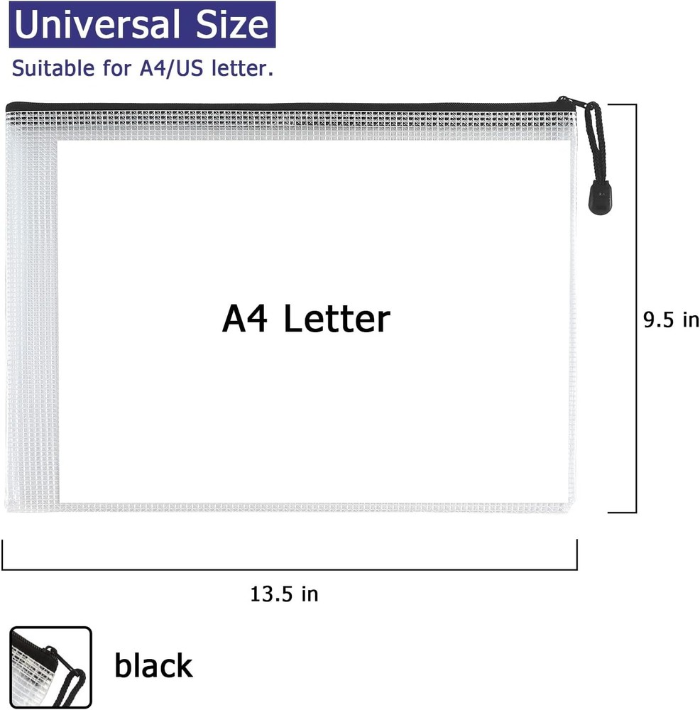 6 Pack Mesh Zipper Pouch Document Bag Waterproof Zip File Folders for White