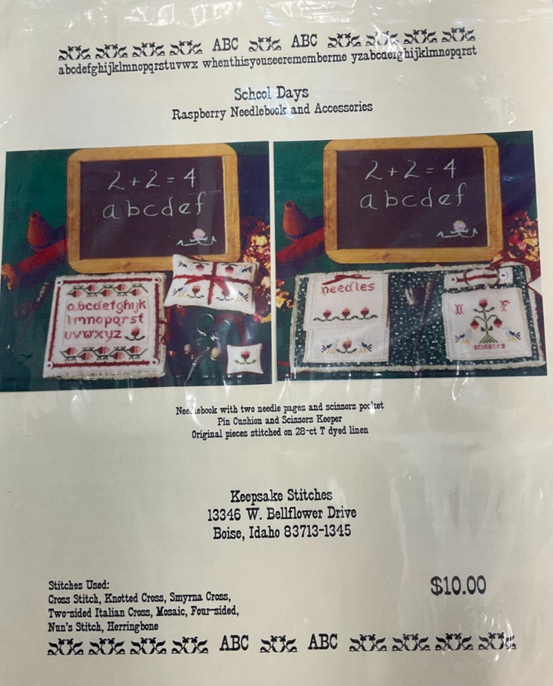 KEEPSAKE STITCHES-SCHOOL DAYS-RASPBERRY NEEDLEBOOK & ACCESSORIES CROSS STITCH