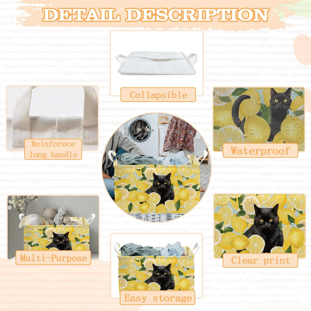 Black Cat Yellow Lemon Laundry Storage Basket, Waterproof Collapsible Hamper wit