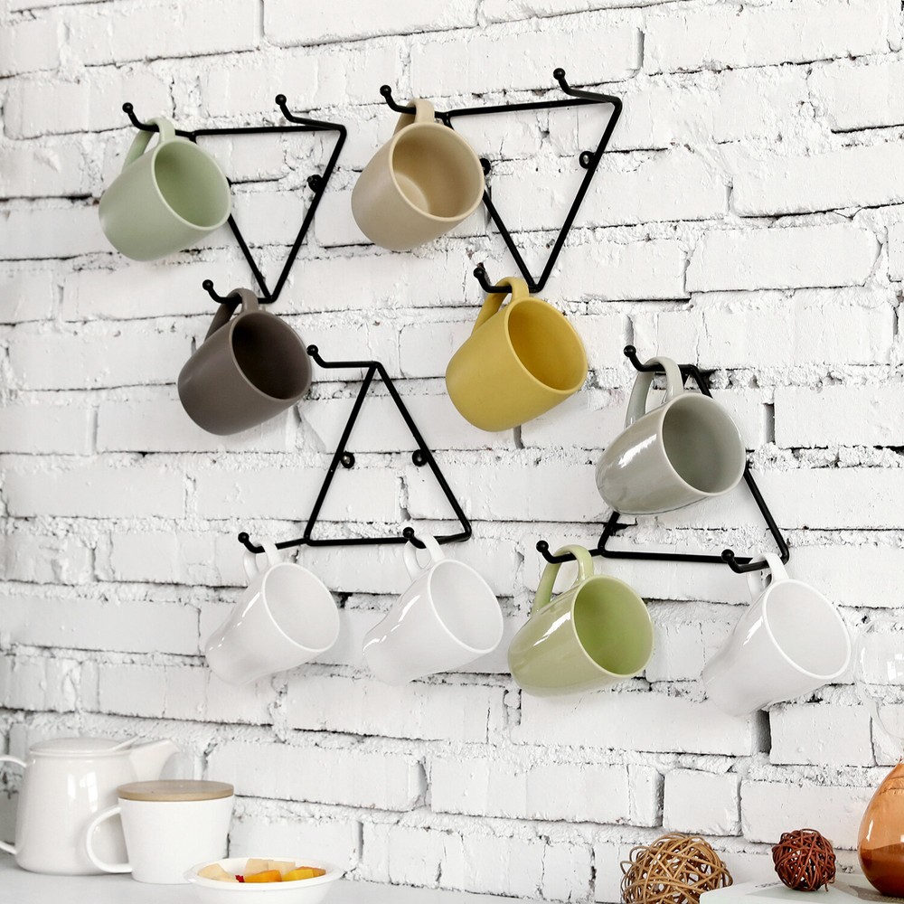 Modern Black Metal Wall Mounted Triangular Coffee Mug Rack w/ 3 Hooks, Set of 4