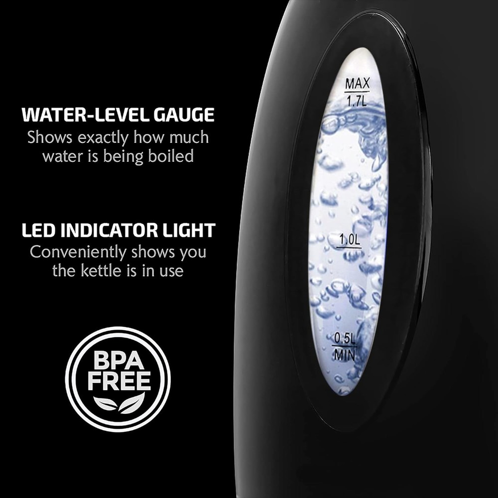 Efficient 1.7L Electric Kettle - 1100W Fast Heating with Removable Filter, Black