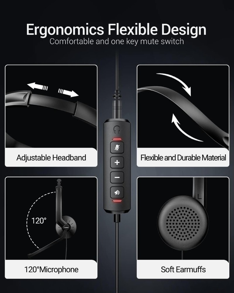 Feabask EH07 USB Headset with Microphone for PC Laptop - Wired Computer...