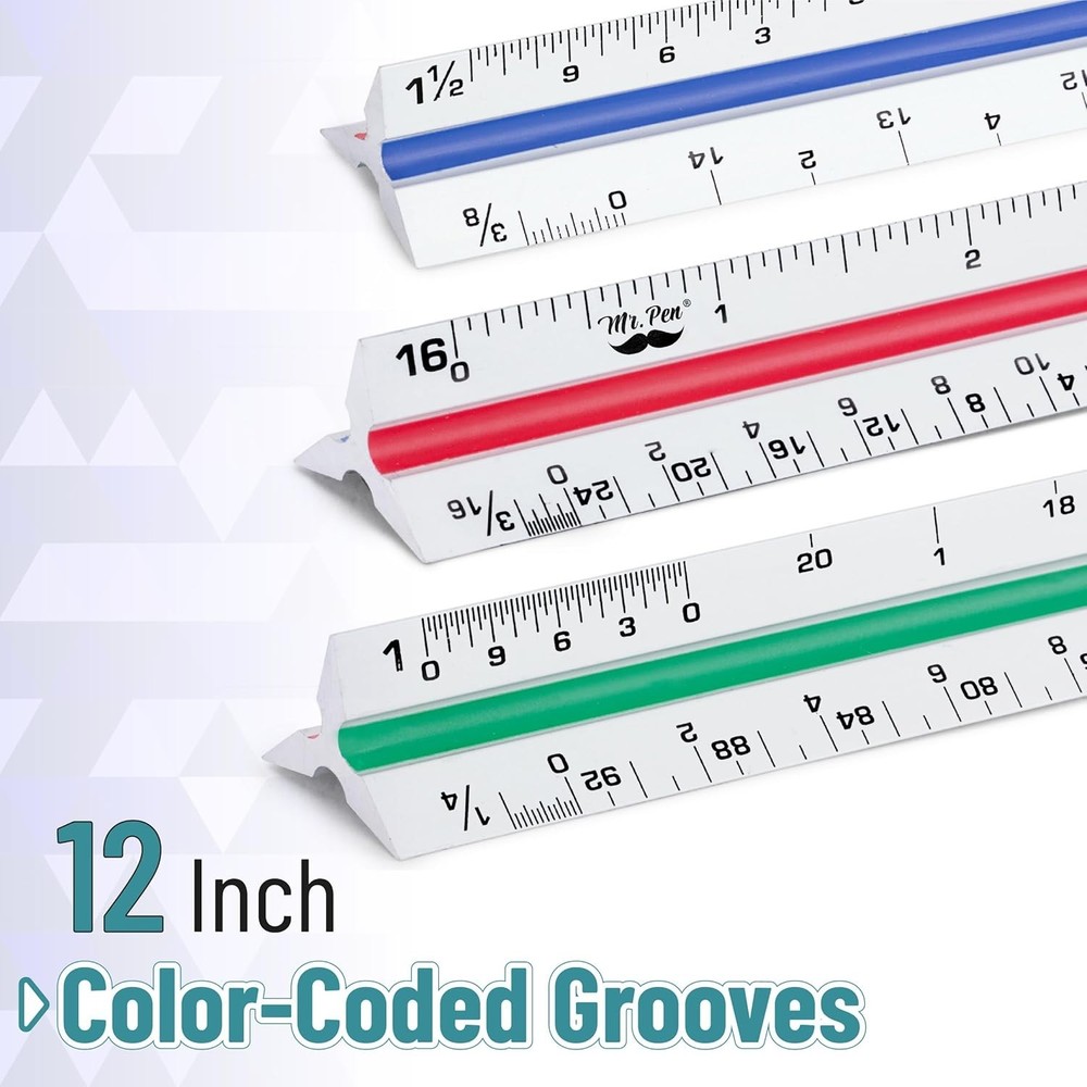 Color-Coded 12-Inch Triangular Scaling Ruler for Architects - Lasting Accuracy