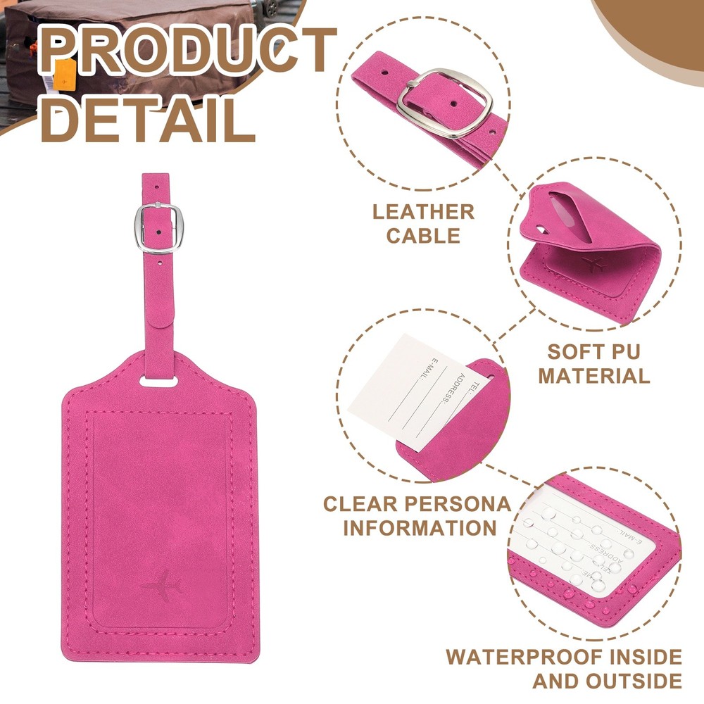 Suitcase Tags, Rose Red Leather Tags with Private Protection, 2 Pcs