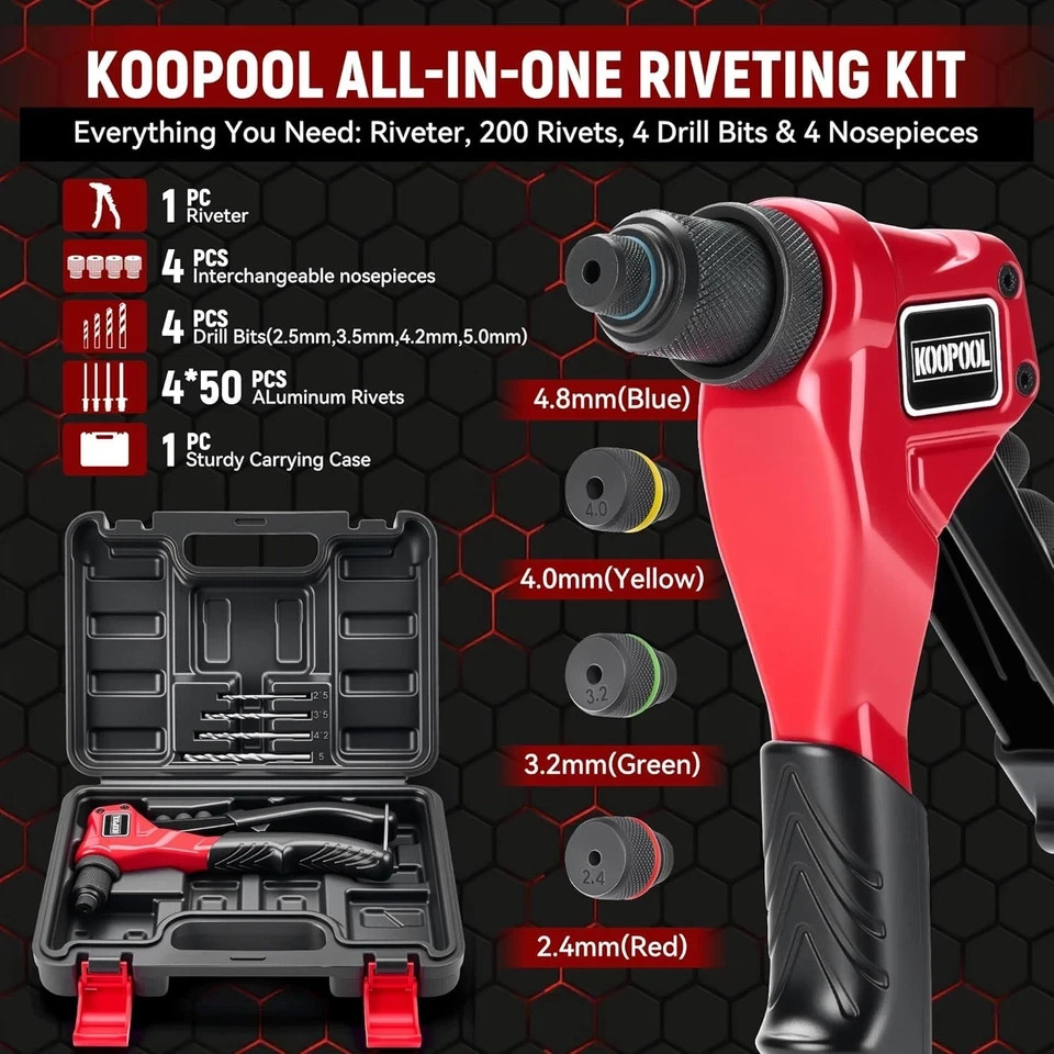 Rivet Gun Kit, Manual Pop Tool with 200 Rivets and 4 Drill Bits, 4...