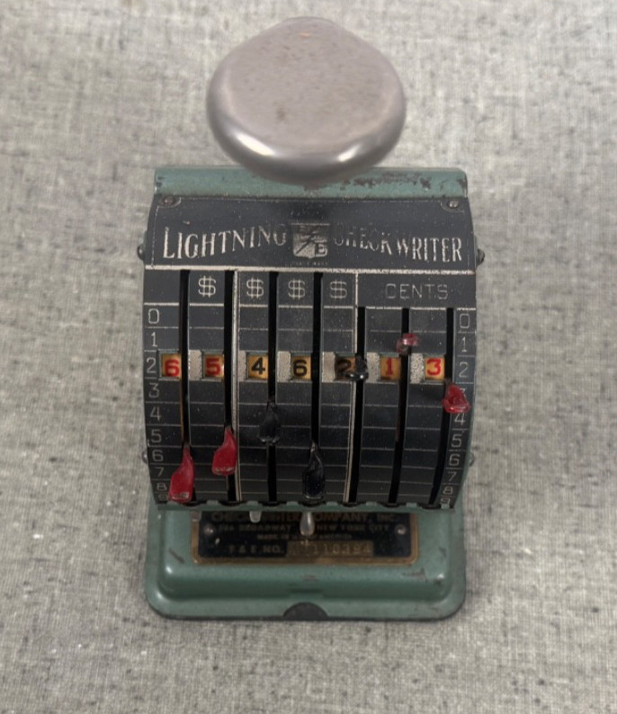 Check Writer Co.  Antique Protective Lightning Check Writer Machine Adding