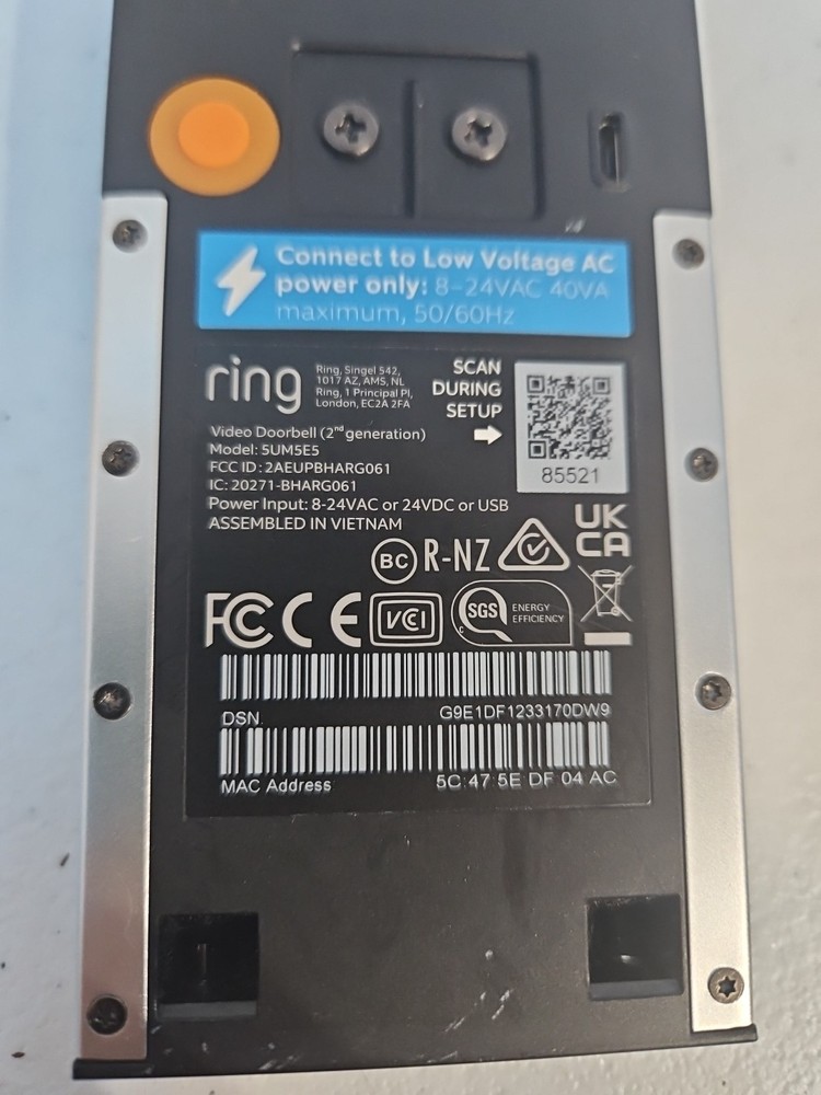 Ring 2nd Generation 5UM5E5 Silver Night Vision 2-Way Talk Untested NO MOUNT