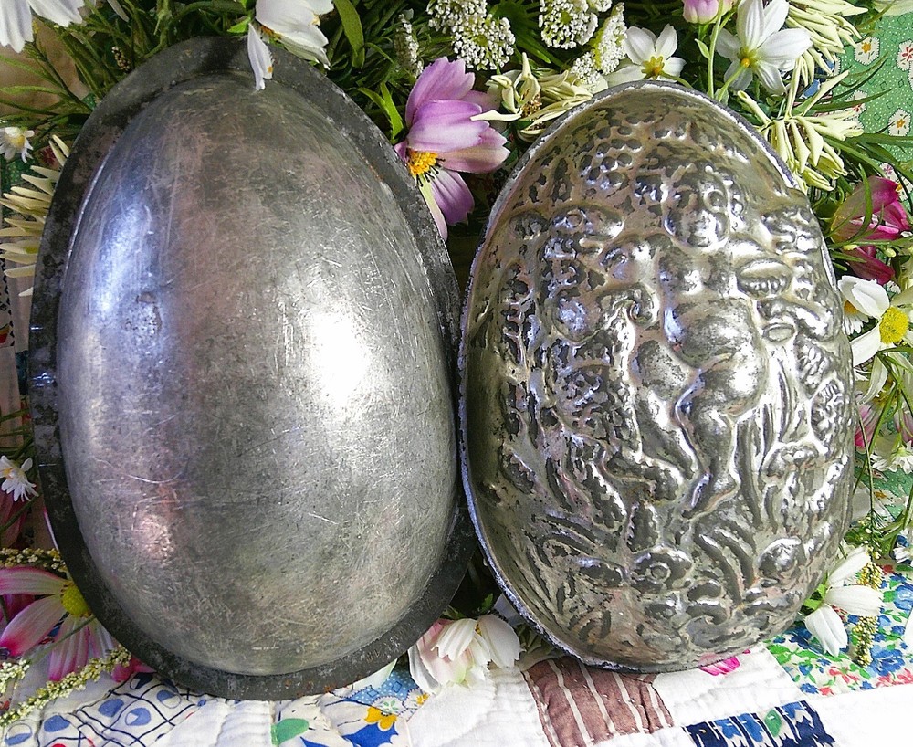HUGE Vintage Chocolate Mold Easter Egg Cherub Bacchus with Bunny Rabbits 2 pc
