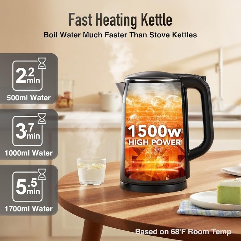 Touch Screen Electric Kettle 1.7L Fast Boil 1500W Automatic Shut-Off Safe Design
