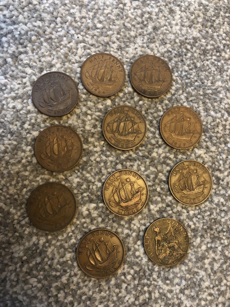 11  1/2 Half Penny Coins In 1915 1945 and 1949