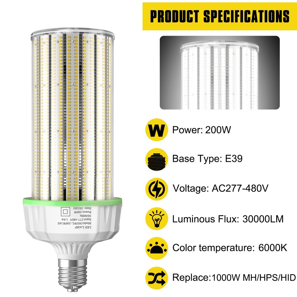 277-480V Industrial LED Corn Light Bulb 200W Warehouse Highbay Lighting E39 Base