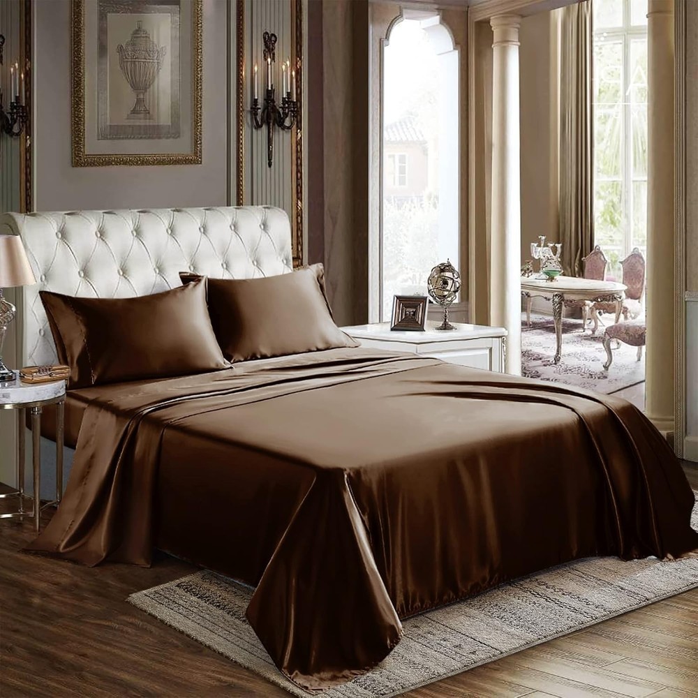 Satin Sheets Full Size - 4 Piece Brown Bed Sheet Set with Silky Microfiber