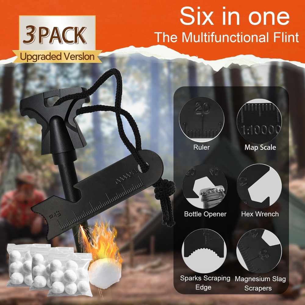 3PCS Magnesium Fire Starter with Striker, High Temp Large, 3 Pack Black