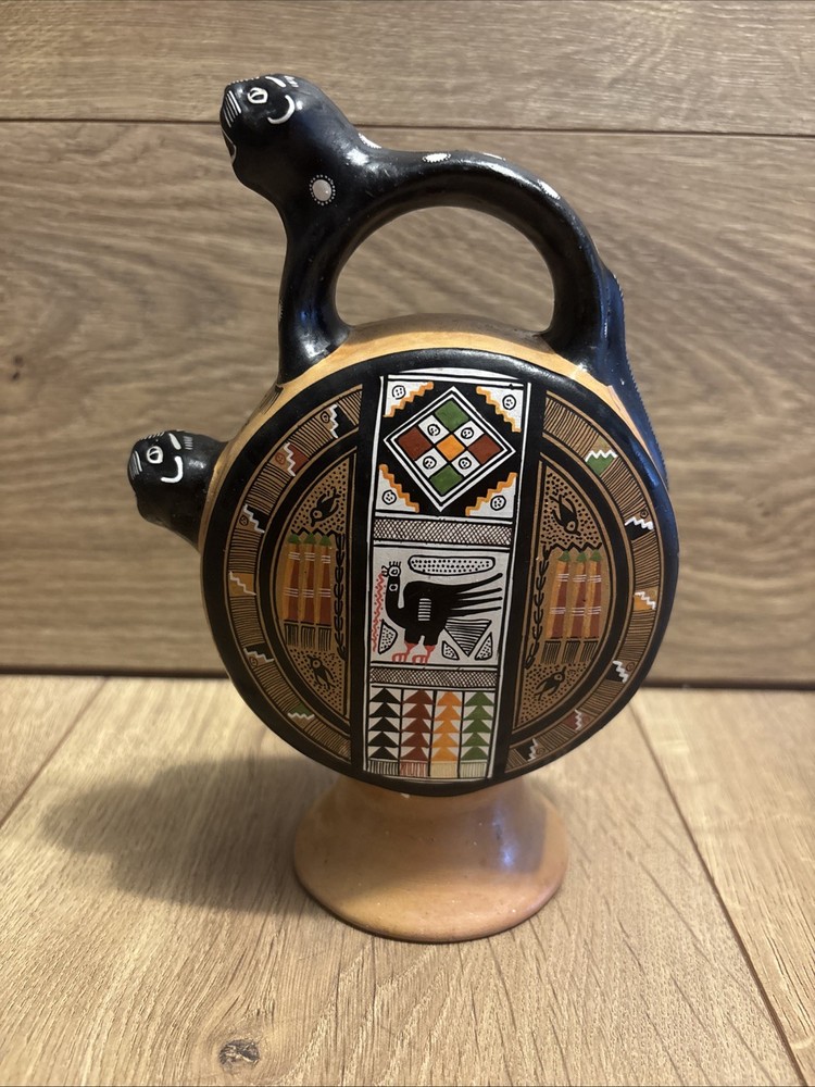 Handcrafted Clay Art From Cusco Peru, Cats Vessel with Handle.