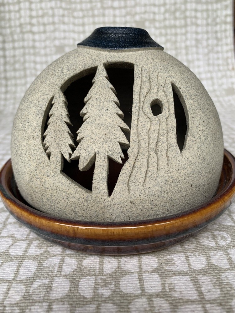 Art Pottery Domed Illuminary Candle Two Piece Forest Cutout Unsigned