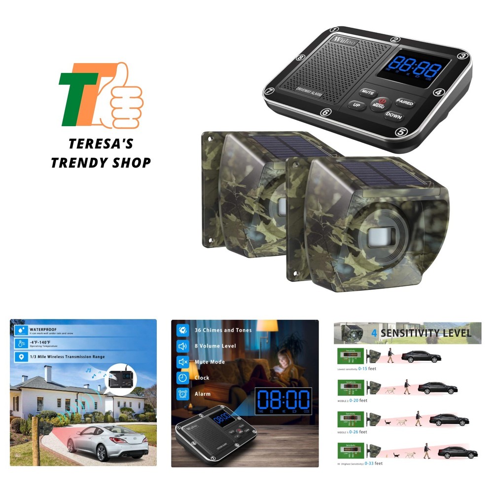 Solar Driveway Alarm Wireless Outside 1800ft Range, Outdoor Motion Sensor & D...
