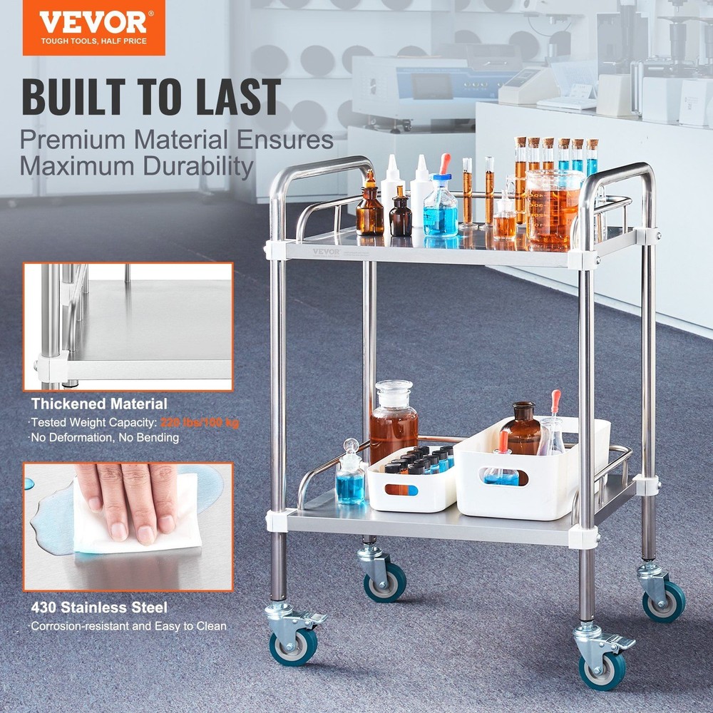 Industrial 2-Shelf Cart 34.06in Stainless Rolling Platform