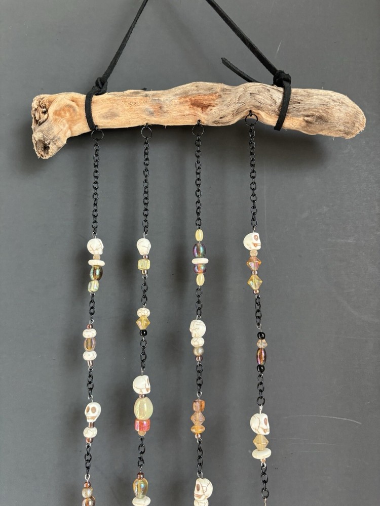 Driftwood Skull Sun Catcher Brown Beads Black Chain