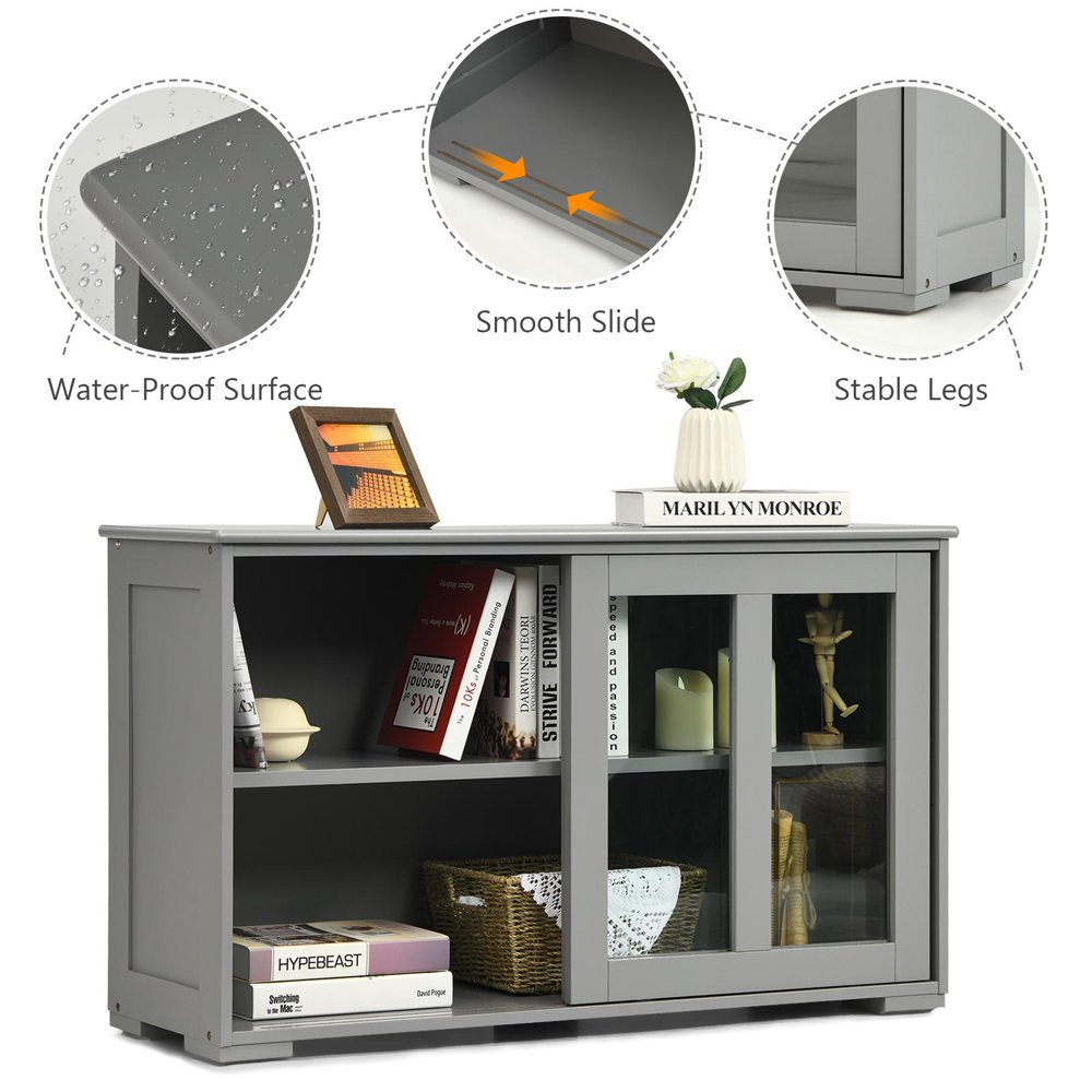 Buffet Cabinet Kitchen Storage Cabinet Sliding Tempered Glass Doors Sideboard
