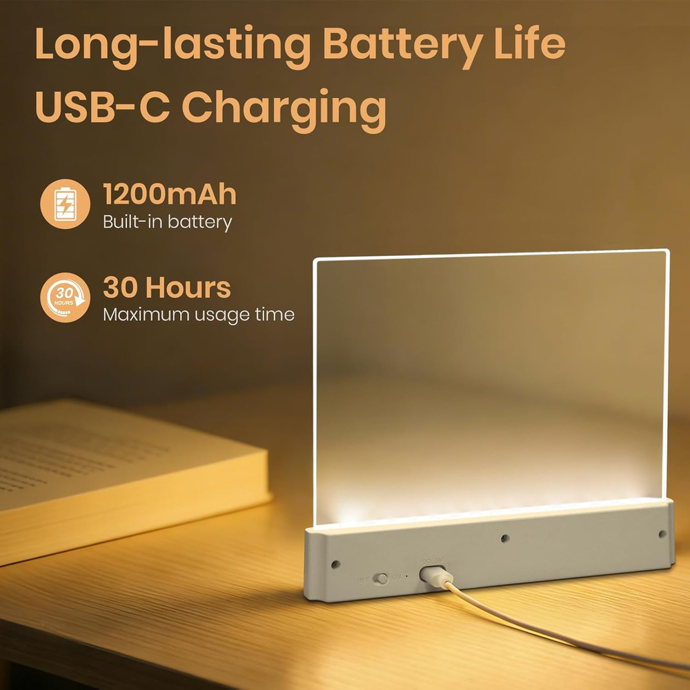 Flat Book Light, Rechargeable Clear LED Smart Reading Light with 3 Colors & Time