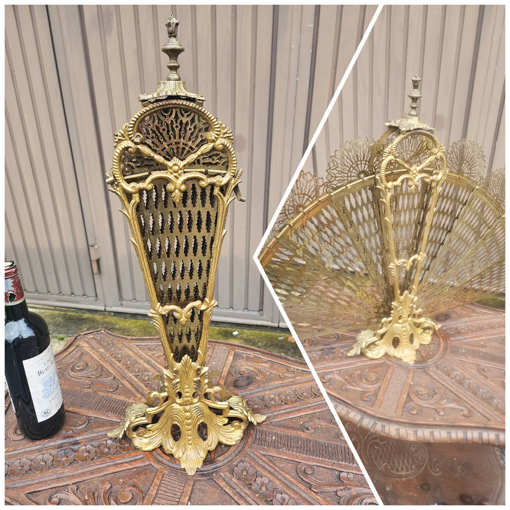 Antique Brass fireplace peacock folding open screen