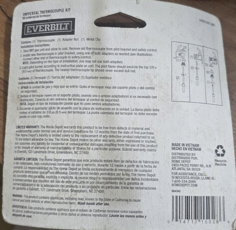 Everbilt, 24" Universal Thermocouple Kit; New part, old truck stock