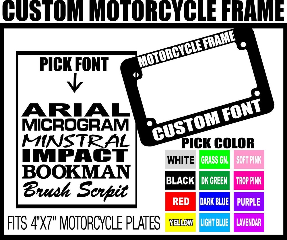 CUSTOM FONT MOTORCYCLE CUSTOM PERSONALIZED License Plate Frame COLOR