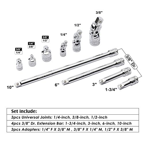 10-Piece Drive Tool Accessory Set - Socket Adapters, Extension Bars, Universal J