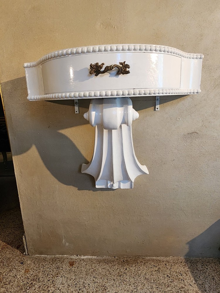 PAIR MID CENTURY MODERN Side Table or Consoles, Violin Scrolls Gloss White.