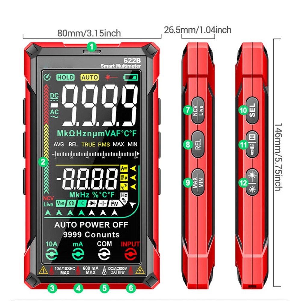 ANENG 622B Digital Touch Multimeter Auto Range True RMS AC DC Volt Current Meter