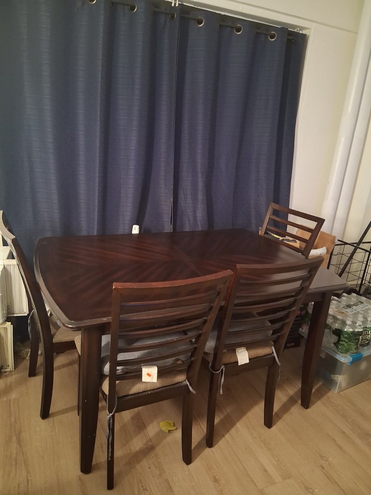 Dark Brown Gloss Wood Rectangular Dining Table Set with 4 Beige Chairs
