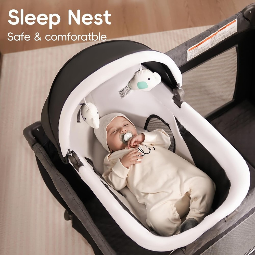 Foldable Playard with Changing Table & Diaper Organizer - For Newborns, Grey