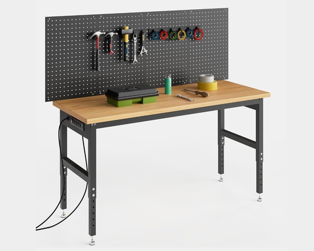 60" Adjustable Workbench with Pegboard Wall 2200lbs Garage Table 28-40" Height