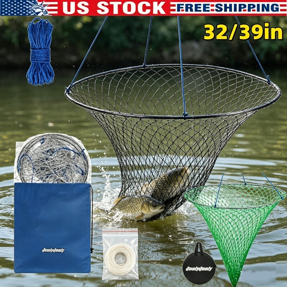 Bridge Pier Landing Net 32/39 Inch Foldable Drop Net Nylon Mesh with Pull Rope