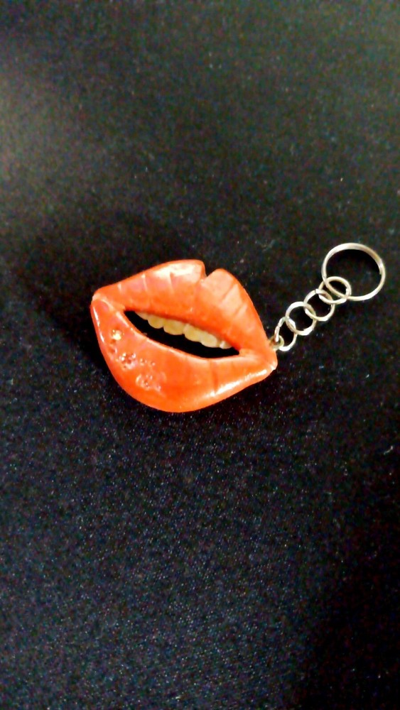 2 Lip Bite Mouth Charms Red Ceramic Keychain