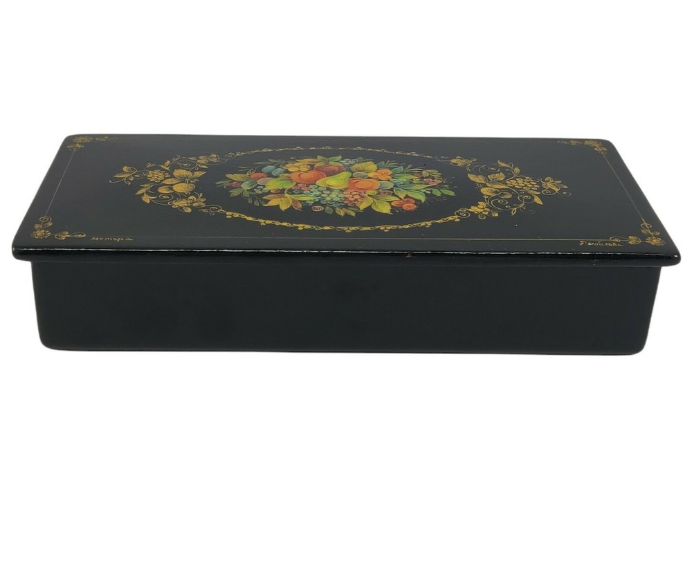 VTG Russian Rectangular Lacquer Box Hand Painted & Signed Fruit Autumn USSR