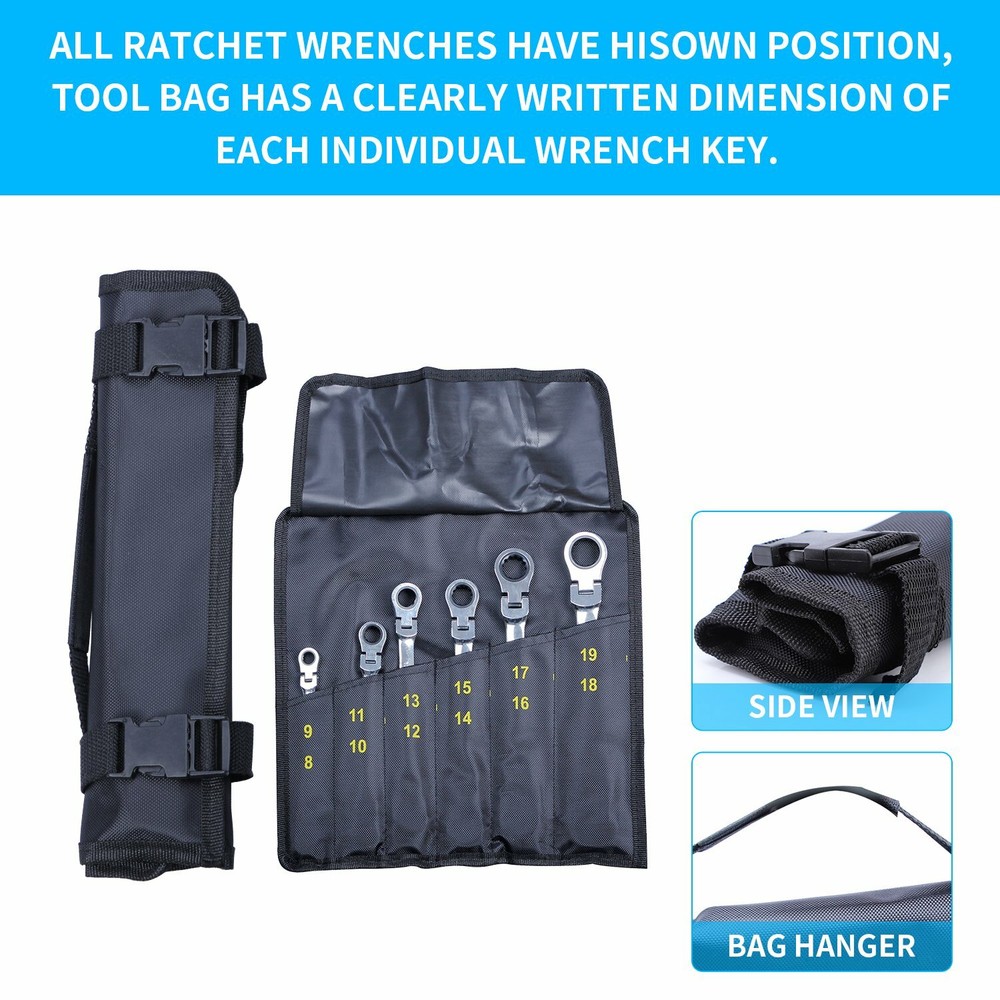 Heavy Duty 6 Double Box End Ratcheting Wrench Flex-Head Extra Long Spanner Set