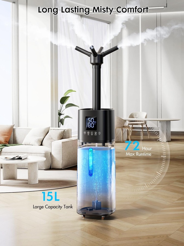 15L Humidifier for Large Rooms, 600mL/h Mist, 1200ft² Coverage, Auto Control