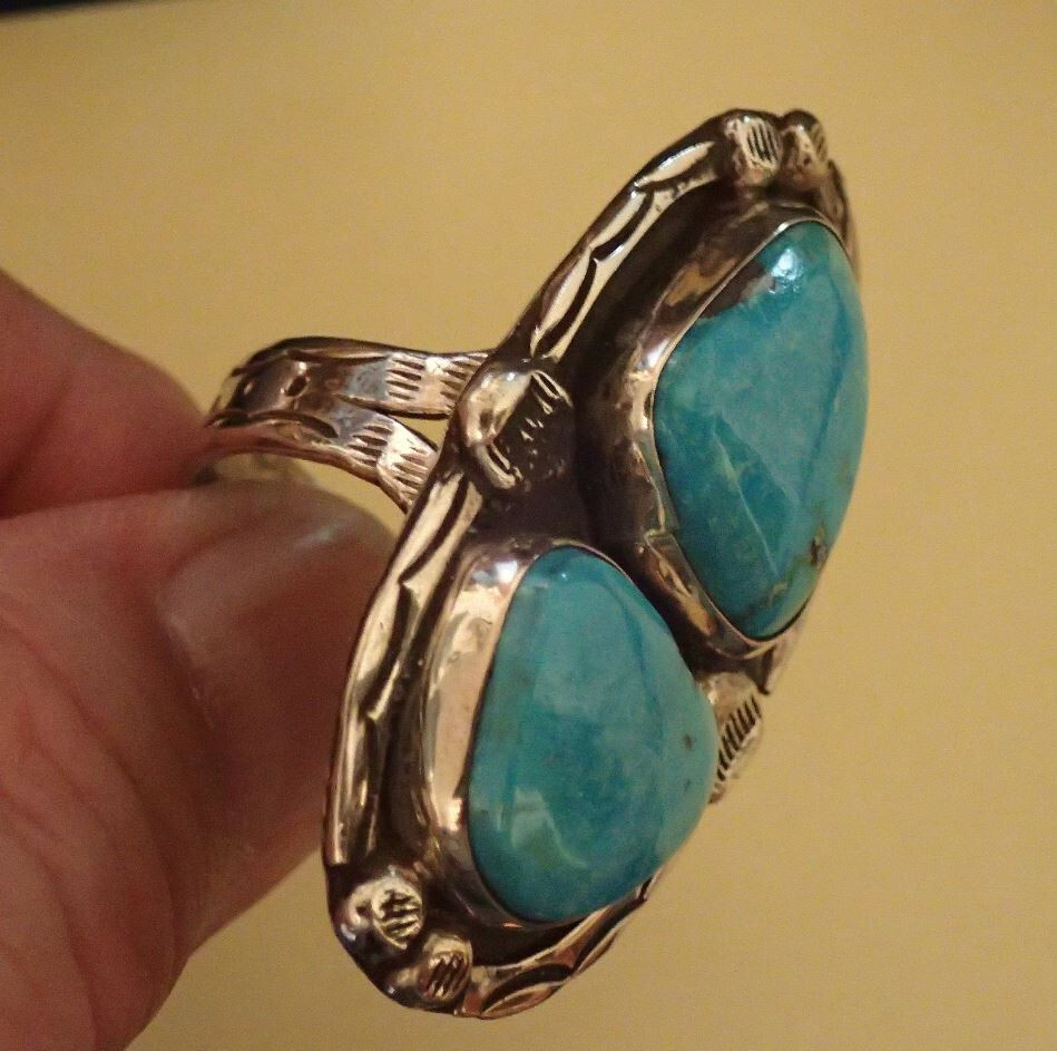 Blue Turquoise two stone Sterling Ring NICE! sz 11.5