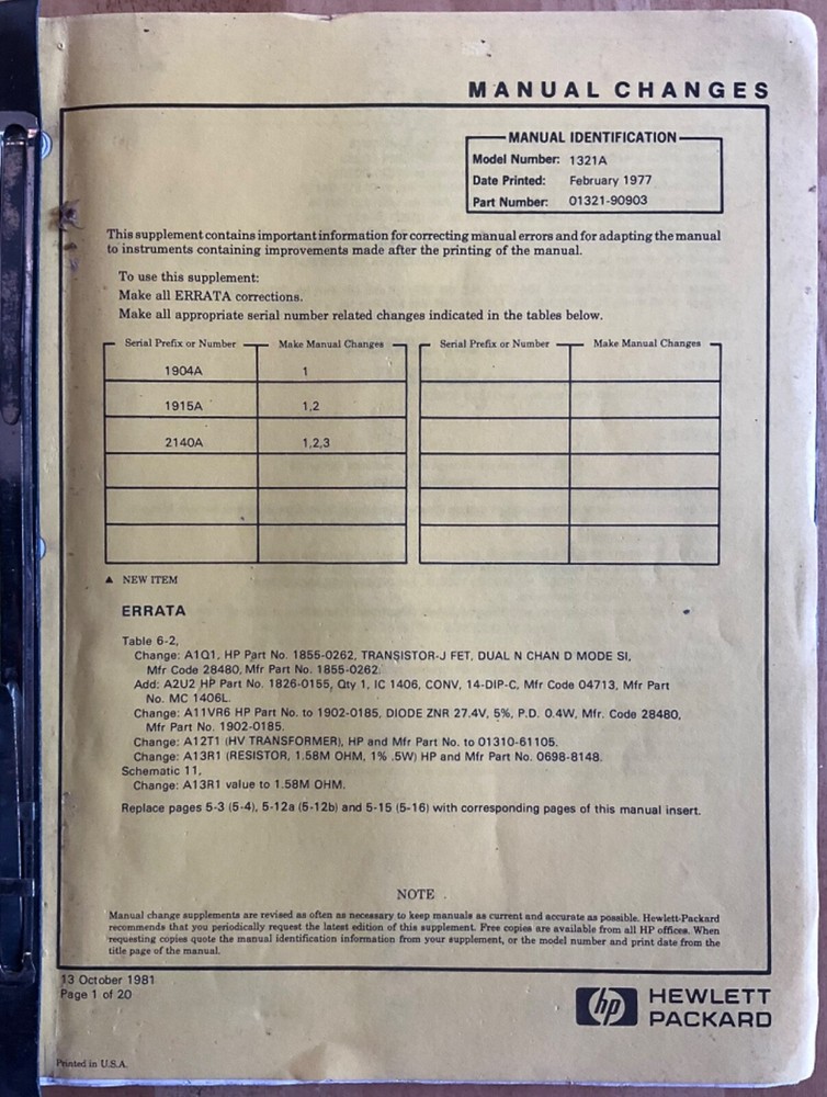 HP Model 1321A Display Operating and Service Manual 1977