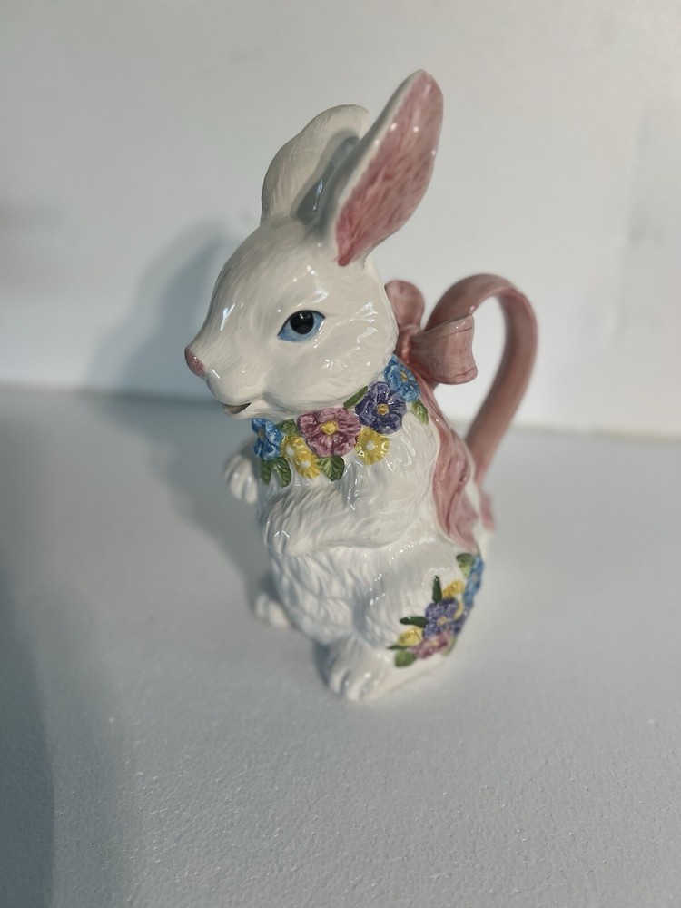 Ceramic White Easter BunnyPitcher Creamer Spring FloralDecor 12 Ounce