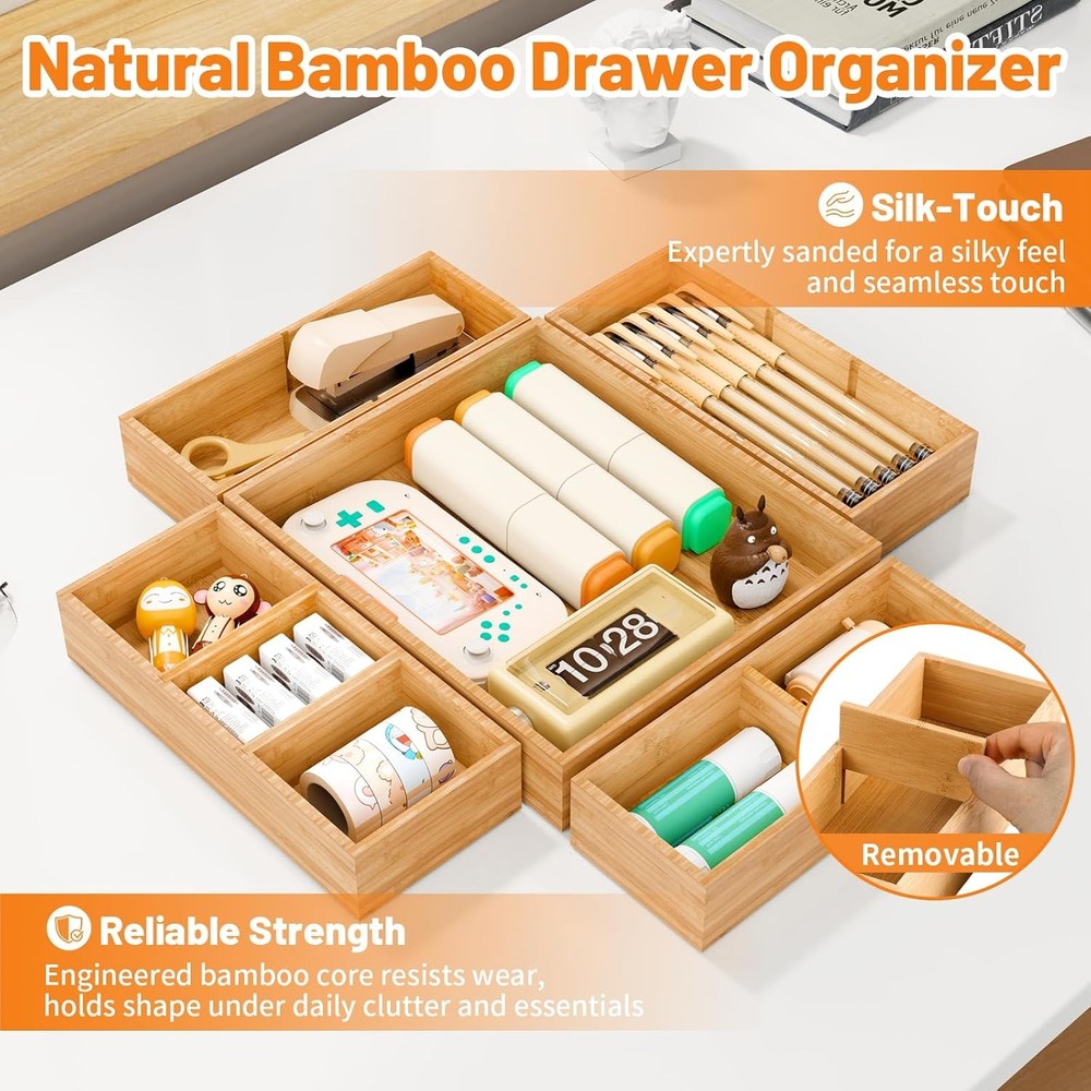 SpaceWhisper 5-Piece Bamboo Drawer Organizer, Stackable Storage for Kitchen,