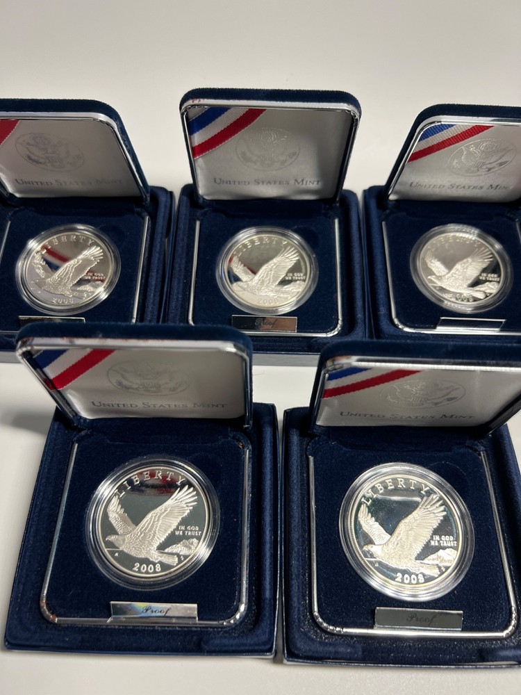 5 SETS- 2008 BALD EAGLE COMMEMORATIVE SILVER PROOF DOLLAR, EA3 US MINT, BOX+COA