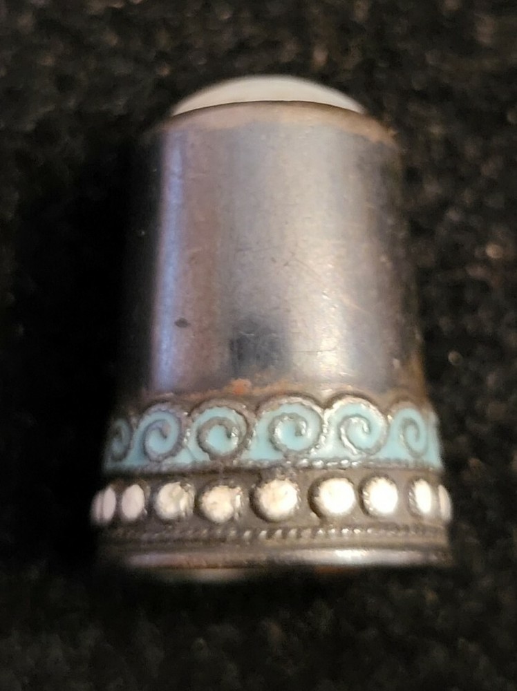Antique Norwegian Sterling Silver Thimble Enamel & Moonstone David Andersen